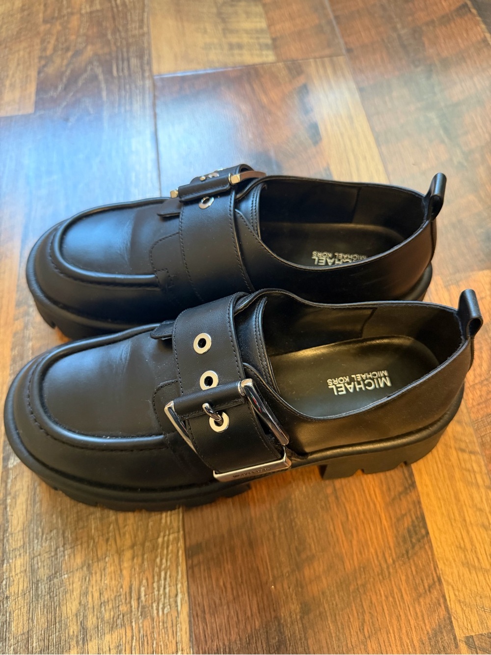 Michael Kors Black Leather Buckle Loafers for Women - Picture 2 of 5